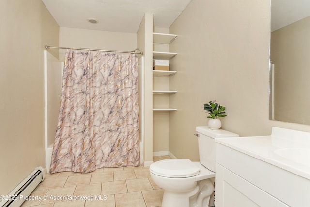 full bath featuring tile patterned flooring, a baseboard heating unit, toilet, shower / bath combo, and vanity