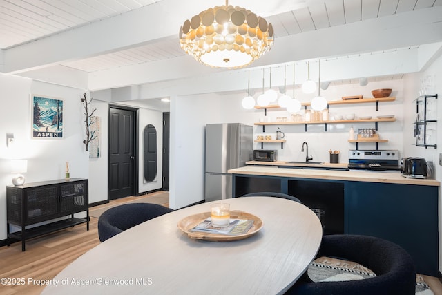 901 E Hyman Ave Unit 4, Aspen, CO 81611 - kitchen featuring stainless steel appliances, wood counters, a sink, open shelves, and light wood-type flooring