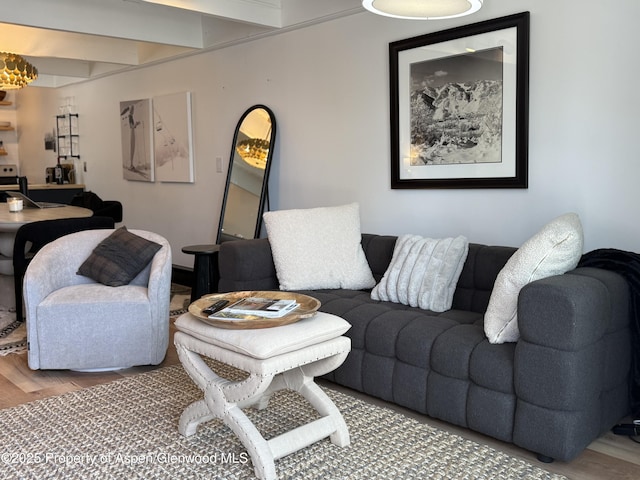 living area featuring wood finished floors and beamed ceiling