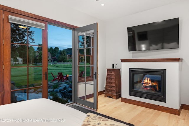 1185 Heritage Dr, Carbondale, CO 81623 - bedroom with wood finished floors, a glass covered fireplace, and recessed lighting