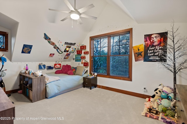 1185 Heritage Dr, Carbondale, CO 81623 - bedroom featuring carpet floors, vaulted ceiling, and a ceiling fan