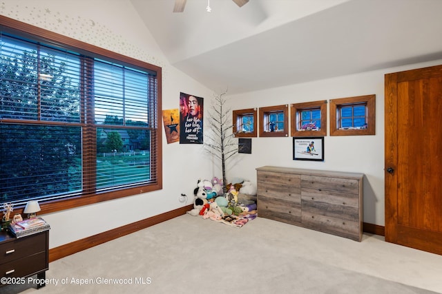 1185 Heritage Dr, Carbondale, CO 81623 - playroom with lofted ceiling, carpet floors, and ceiling fan