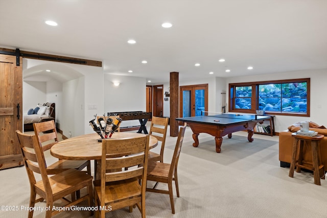 1185 Heritage Dr, Carbondale, CO 81623 - game room with light colored carpet, recessed lighting, billiards table, and a barn door