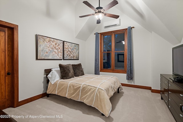 1185 Heritage Dr, Carbondale, CO 81623 - bedroom with an AC wall unit, lofted ceiling, light colored carpet, and ceiling fan