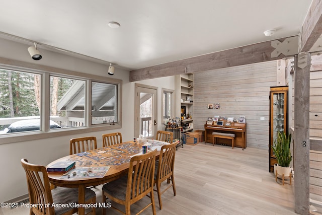 645 Sneaky Ln, Aspen, CO 81611 - dining area with plenty of natural light, wood walls, light wood-style floors, and track lighting