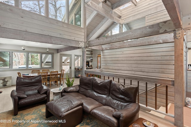 645 Sneaky Ln, Aspen, CO 81611 - living area with beam ceiling, wood walls, and high vaulted ceiling