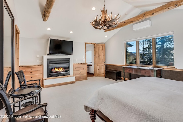 carpeted bedroom featuring an AC wall unit, a chandelier, and lofted ceiling with beams