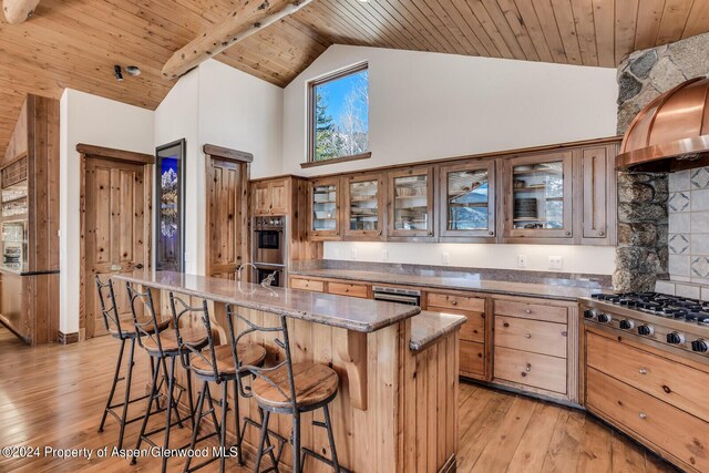 dining space featuring wooden ceiling, a wall mounted AC, a chandelier, lofted ceiling, and wood-type flooring