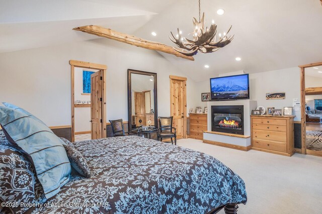 bathroom with independent shower and bath and vaulted ceiling