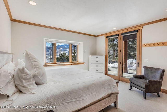 bedroom featuring crown molding, access to outside, and light carpet