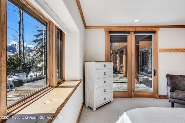 carpeted bedroom with crown molding