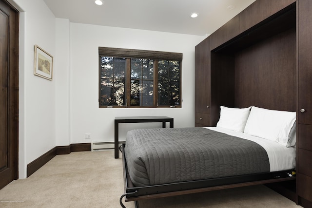 carpeted bedroom with baseboards, baseboard heating, and recessed lighting