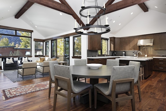 dining room with an inviting chandelier, high vaulted ceiling, a wealth of natural light, and dark wood-type flooring