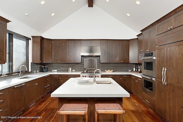 kitchen featuring light countertops, appliances with stainless steel finishes, dark wood-type flooring, a sink, and under cabinet range hood