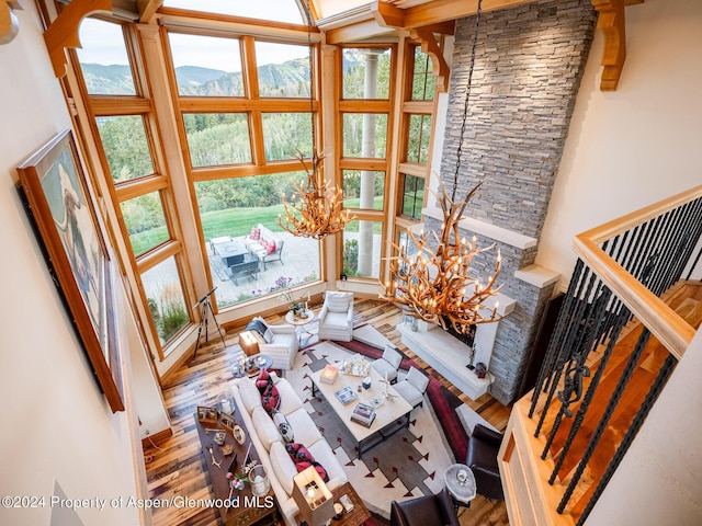 interior space with a mountain view and a notable chandelier