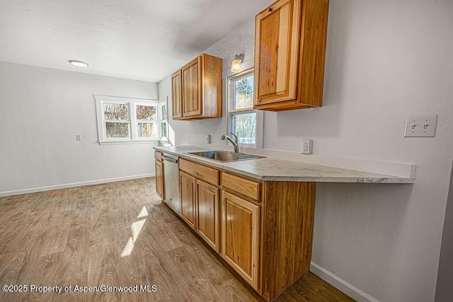 kitchen with stainless steel dishwasher, a healthy amount of sunlight, light hardwood / wood-style floors, and sink