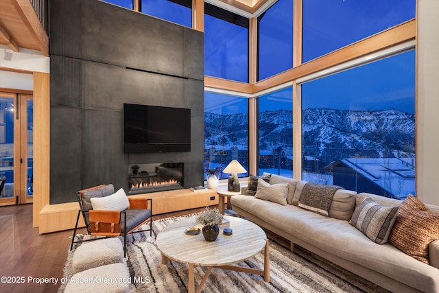 living room with wood finished floors and a large fireplace