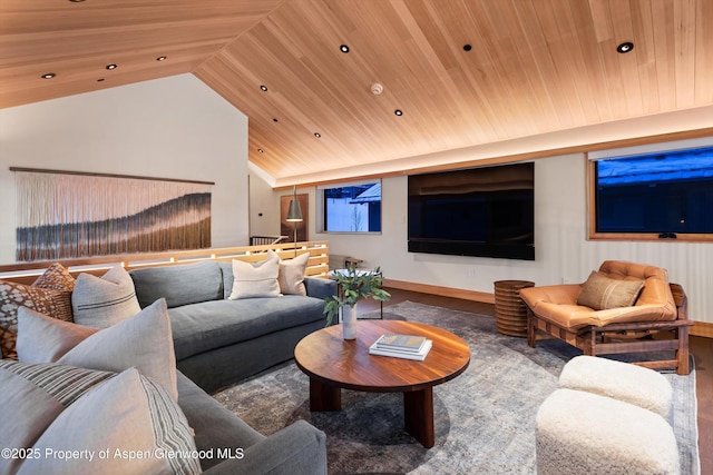 living room with vaulted ceiling, wooden ceiling, wood finished floors, recessed lighting, and baseboards