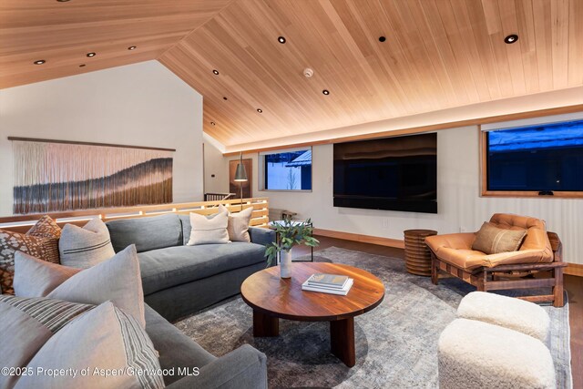 living area featuring wooden ceiling, lofted ceiling, recessed lighting, wood finished floors, and baseboards