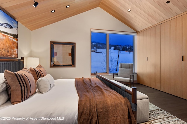 bedroom featuring lofted ceiling, wood finished floors, and recessed lighting