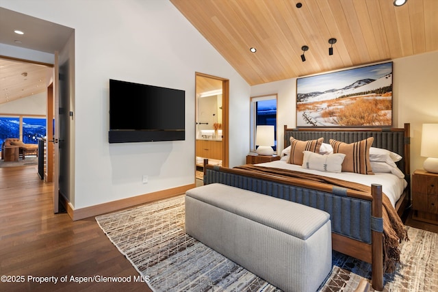 bedroom featuring lofted ceiling, wood finished floors, recessed lighting, wooden ceiling, and baseboards