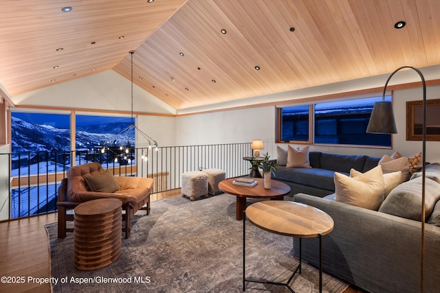 living area featuring wooden ceiling, lofted ceiling, wood finished floors, and recessed lighting