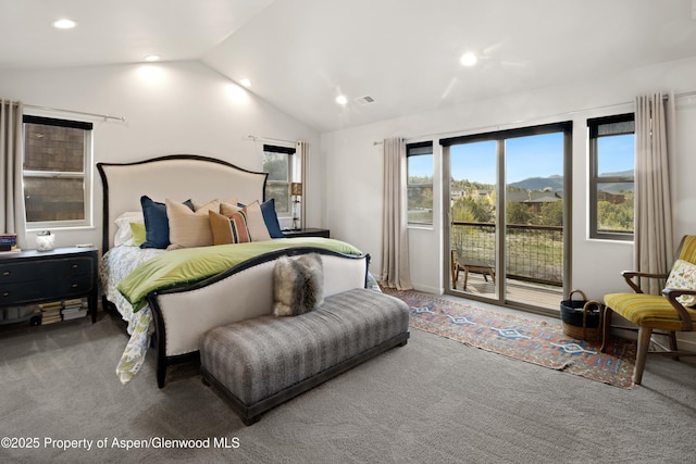 236 Paintbrush Way, Glenwood Springs, CO 81601 - carpeted bedroom featuring access to outside, recessed lighting, lofted ceiling, and visible vents