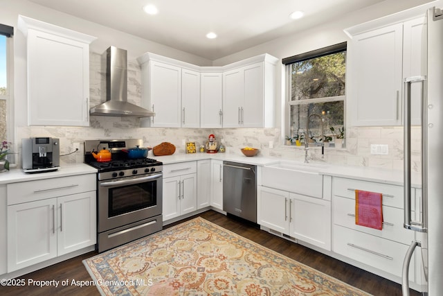 236 Paintbrush Way, Glenwood Springs, CO 81601 - kitchen with wall chimney range hood, appliances with stainless steel finishes, white cabinets, and a sink