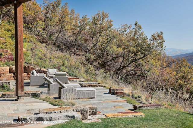 view of yard featuring a mountain view and a patio area