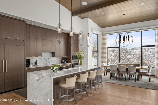 kitchen with a mountain view, pendant lighting, light hardwood / wood-style floors, stainless steel appliances, and tasteful backsplash