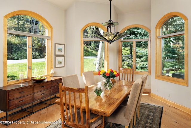 dining room featuring light hardwood / wood-style flooring, lofted ceiling, and a chandelier