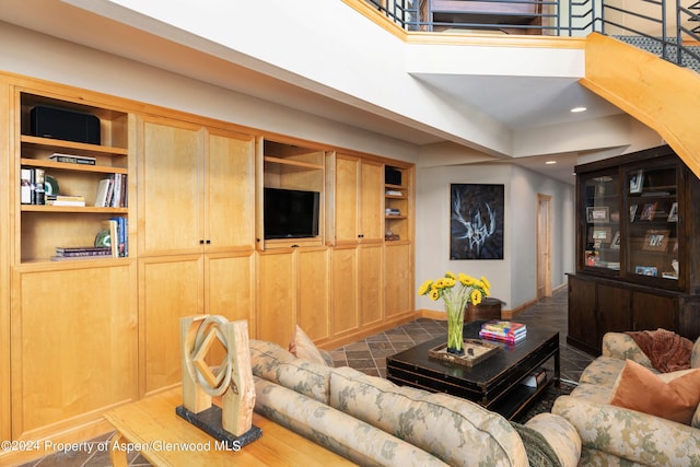 living room with built in shelves