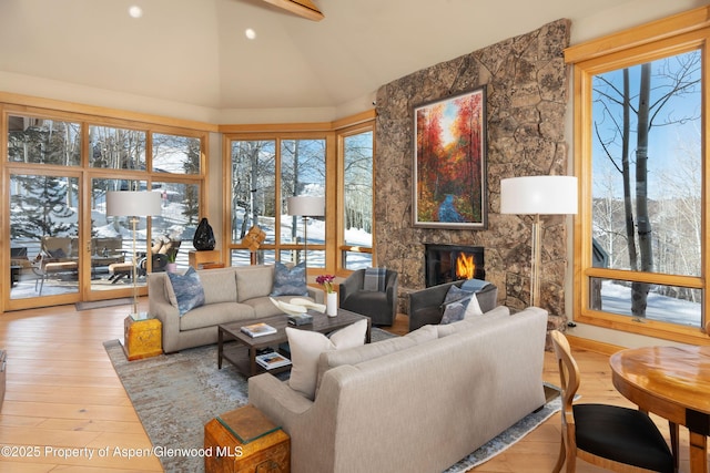 living room with high vaulted ceiling, hardwood / wood-style floors, and a stone fireplace