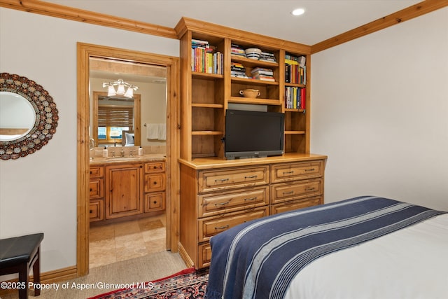 610 S W End St Unit D203, Aspen, CO 81611 - bedroom featuring a sink, ornamental molding, light carpet, recessed lighting, and connected bathroom