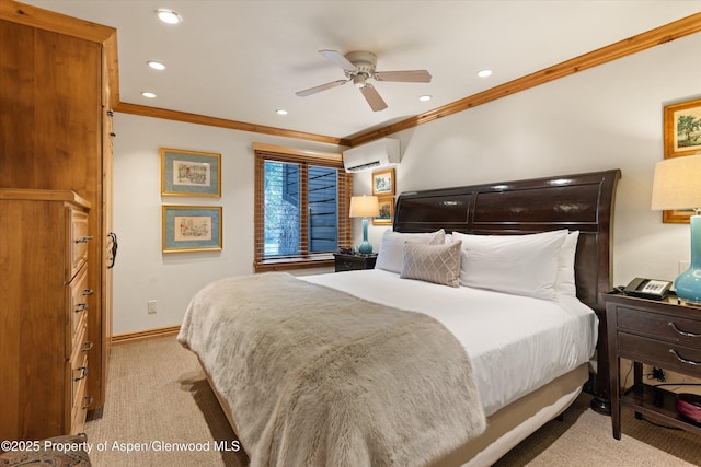 610 S W End St Unit D203, Aspen, CO 81611 - bedroom with a wall mounted air conditioner, ornamental molding, carpet flooring, recessed lighting, and baseboards