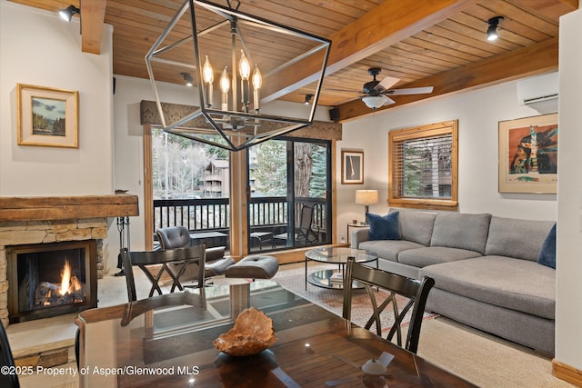 610 S W End St Unit D203, Aspen, CO 81611 - living room featuring wood ceiling with exposed beams, a fireplace, a wall unit AC, a ceiling fan, and a chandelier