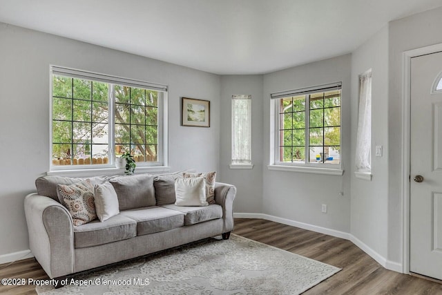 living area with wood finished floors and baseboards
