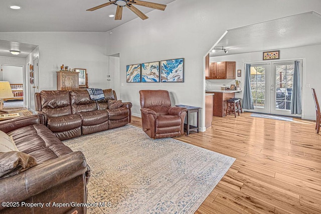 1321 Lecuyer Dr, Craig, CO 81625 - living area featuring a ceiling fan, light wood finished floors, recessed lighting, vaulted ceiling, and baseboards