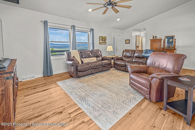 1321 Lecuyer Dr, Craig, CO 81625 - living room with a ceiling fan, vaulted ceiling, light wood-style flooring, baseboards, and recessed lighting