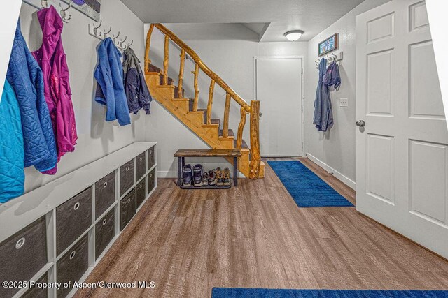 1321 Lecuyer Dr, Craig, CO 81625 - entryway with wood finished floors, baseboards, and stairway