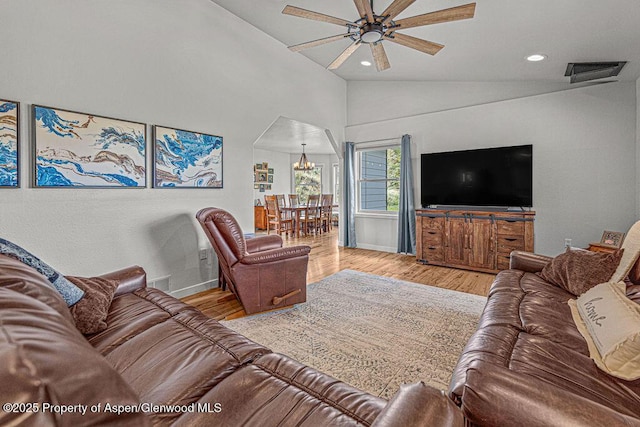 1321 Lecuyer Dr, Craig, CO 81625 - living area with ceiling fan, baseboards, recessed lighting, wood finished floors, and a chandelier