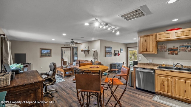 kitchen with dark hardwood / wood-style flooring, sink, stainless steel dishwasher, and ceiling fan