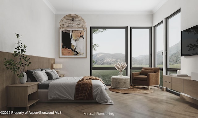 bedroom with multiple windows, ornamental molding, and parquet floors