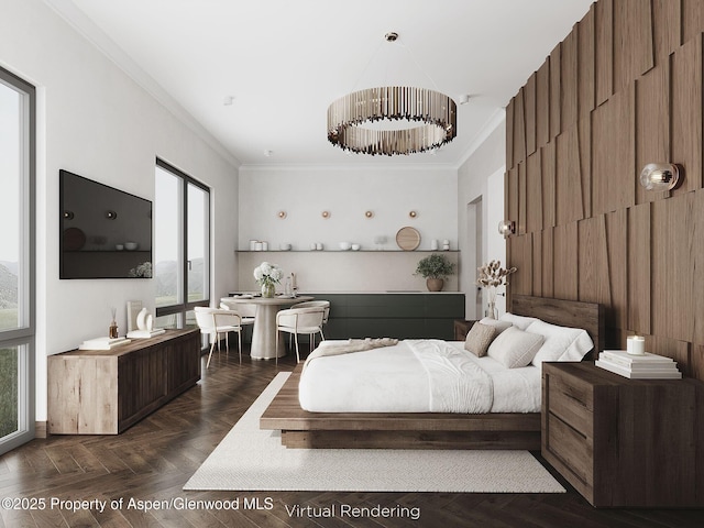 bedroom with ornamental molding and dark parquet floors