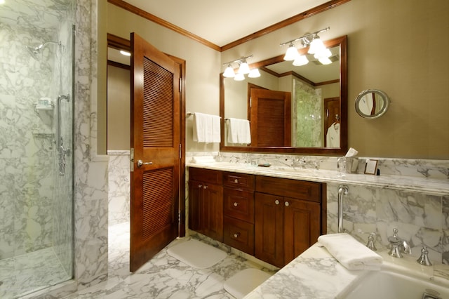 0075 Prospector Rd Unit 8405Summer Interest, Aspen, CO 81611 - full bath with marble finish floors, double vanity, a marble finish shower, tile walls, and crown molding