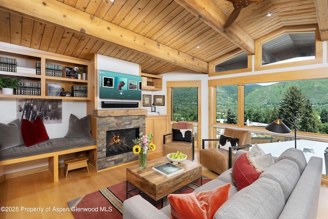 809 S Aspen St Unit 8, Aspen, CO 81611 - living room featuring wooden ceiling, wood finished floors, and a fireplace