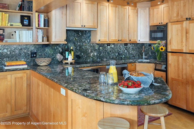 809 S Aspen St Unit 8, Aspen, CO 81611 - kitchen featuring refrigerator, a kitchen bar, decorative backsplash, dishwasher, and dark stone counters