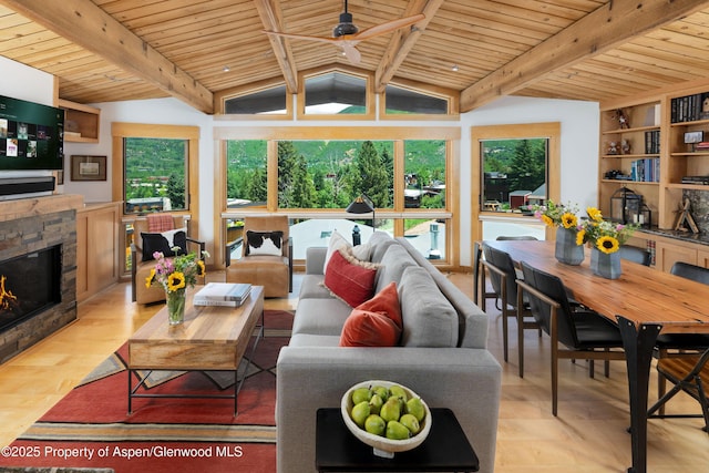 809 S Aspen St Unit 8, Aspen, CO 81611 - living room featuring wooden ceiling, healthy amount of natural light, a stone fireplace, ceiling fan, and light wood-style floors