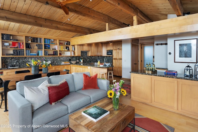 809 S Aspen St Unit 8, Aspen, CO 81611 - living room featuring wood ceiling, light wood-type flooring, and a ceiling fan