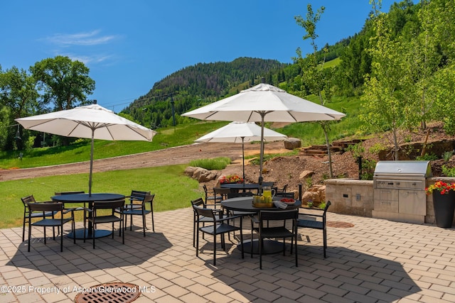 809 S Aspen St Unit 8, Aspen, CO 81611 - view of patio featuring outdoor dining space, a view of trees, a mountain view, and exterior kitchen